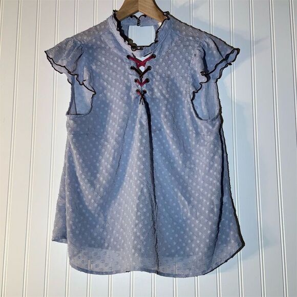Living Doll Blue Sheer Ruffle Blouse XL | CottageRomantic Fairycore Boho Lace-Up - Picture 1 of 10